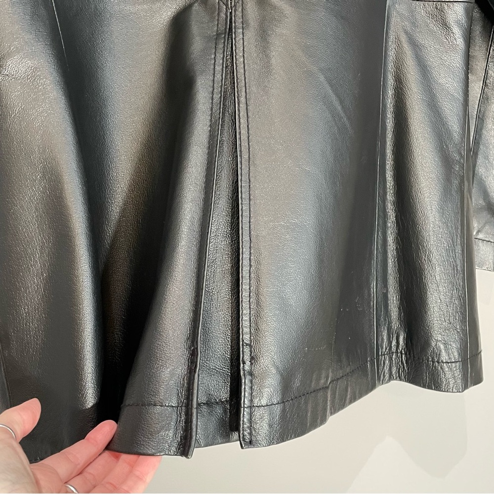 Vintage 90s Black Leather Jacket Large Minimalist Grunge Goth Biker Trench Coat - Picture 9 of 15